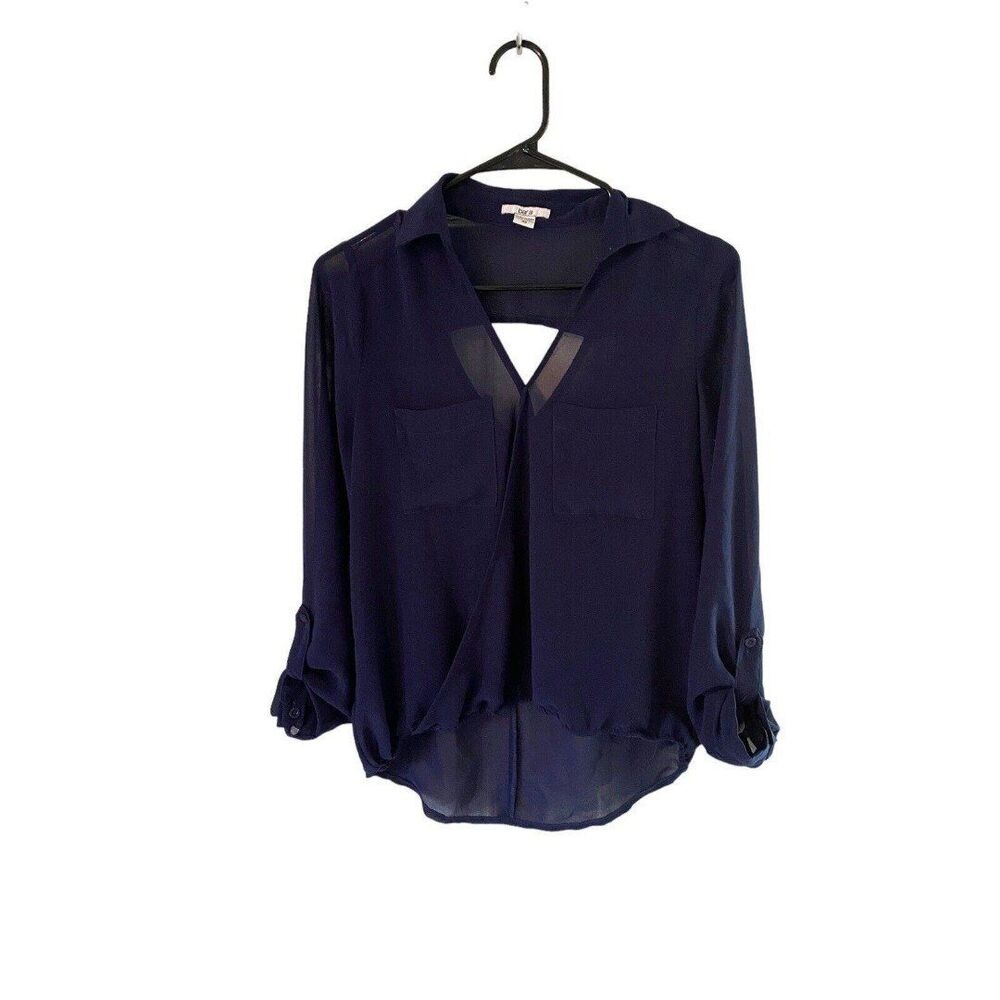 Bar III Navy Blue Surplice Cutout Back Roll Tab Sleeve Blouse XS